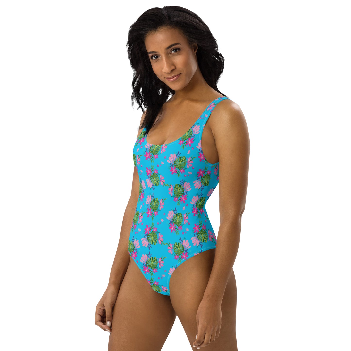Blue Tropical Floral Print One-Piece Swimsuit