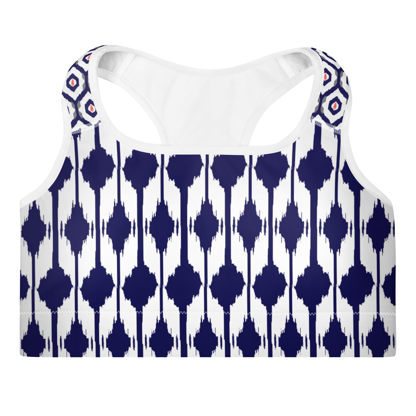 Blue & Coral Ikat Print Sports Bra