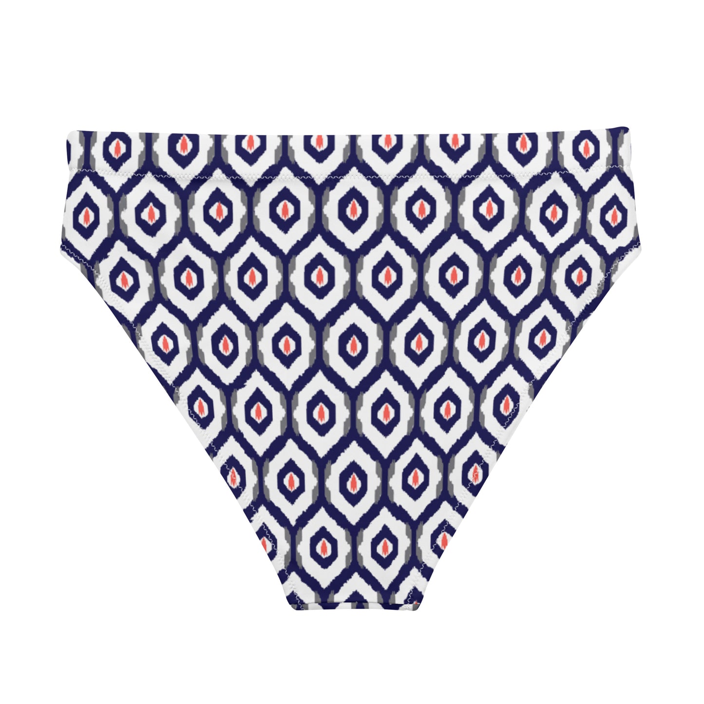 Blue & Coral Ikat Print Eco Friendly High-Waisted Bikini Bottom