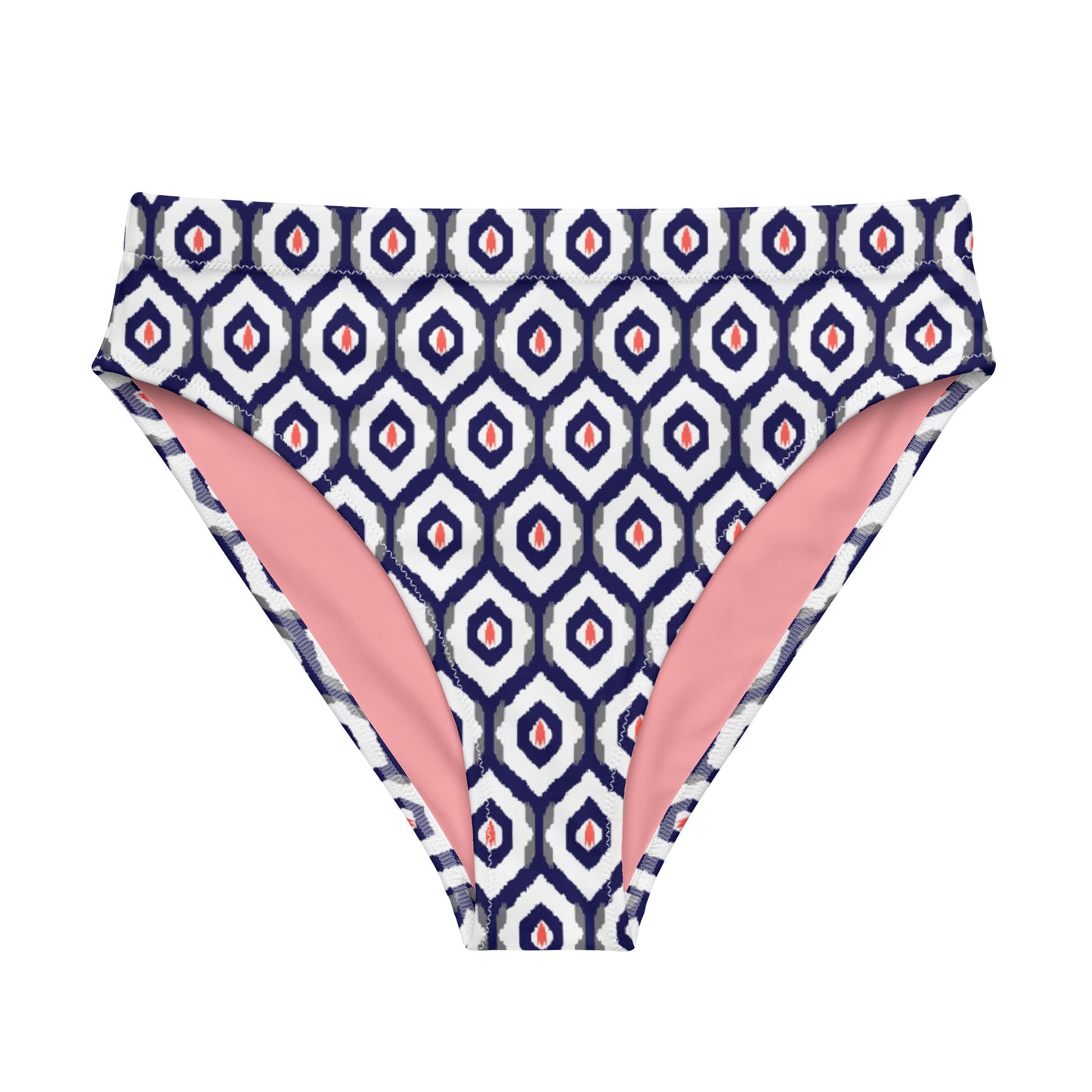 Blue & Coral Ikat Print Eco Friendly High-Waisted Bikini Bottom