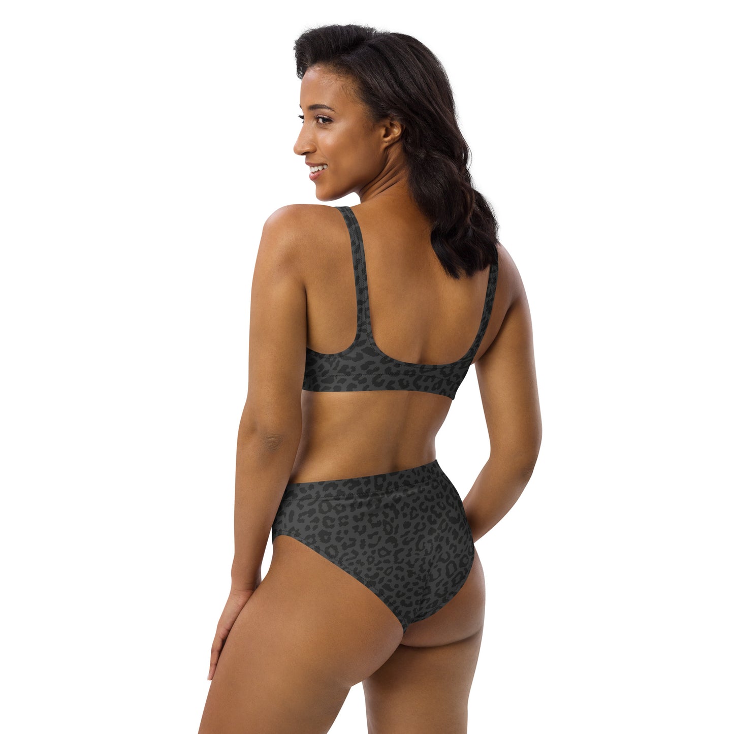 Gray Cheetah Print Eco Friendly High-Waisted Bikini Bottom
