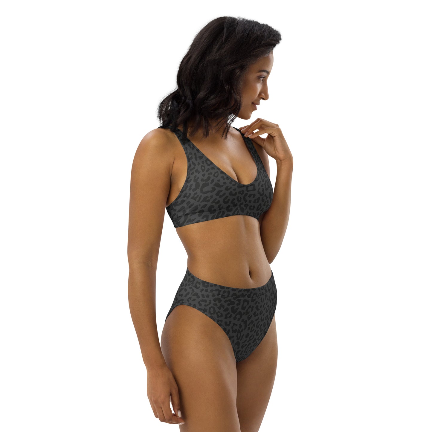 Gray Cheetah Print Eco Friendly High-Waisted Bikini Bottom