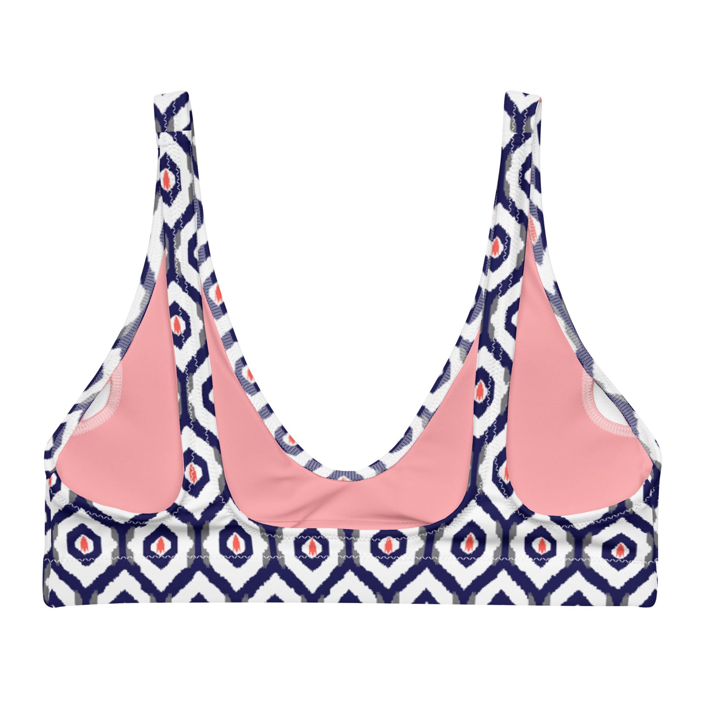 Blue & Coral Ikat Print Eco Friendly Bikini Top w/ Removable Padding