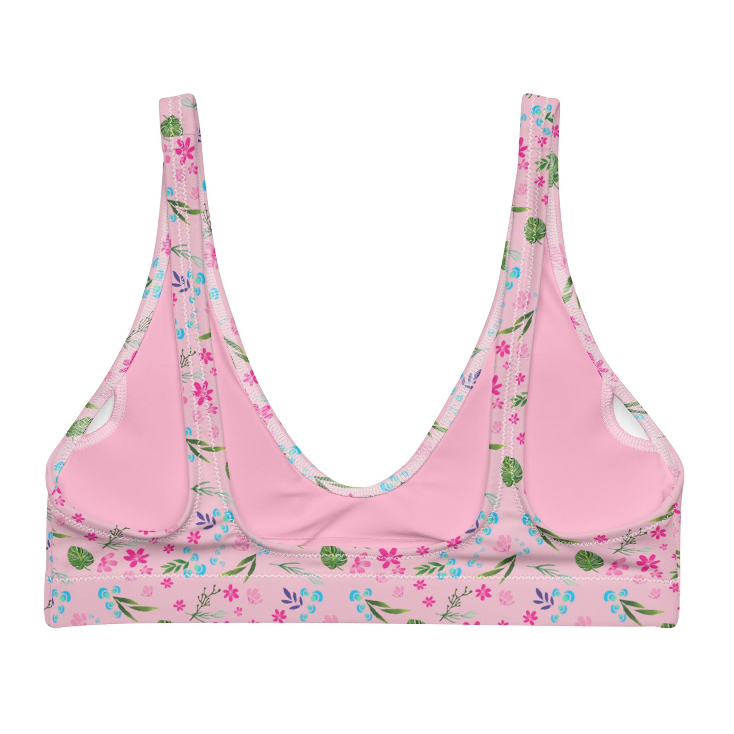 Pink Tropical Floral Print Eco Friendly Bikini Top w/ Removable Padding