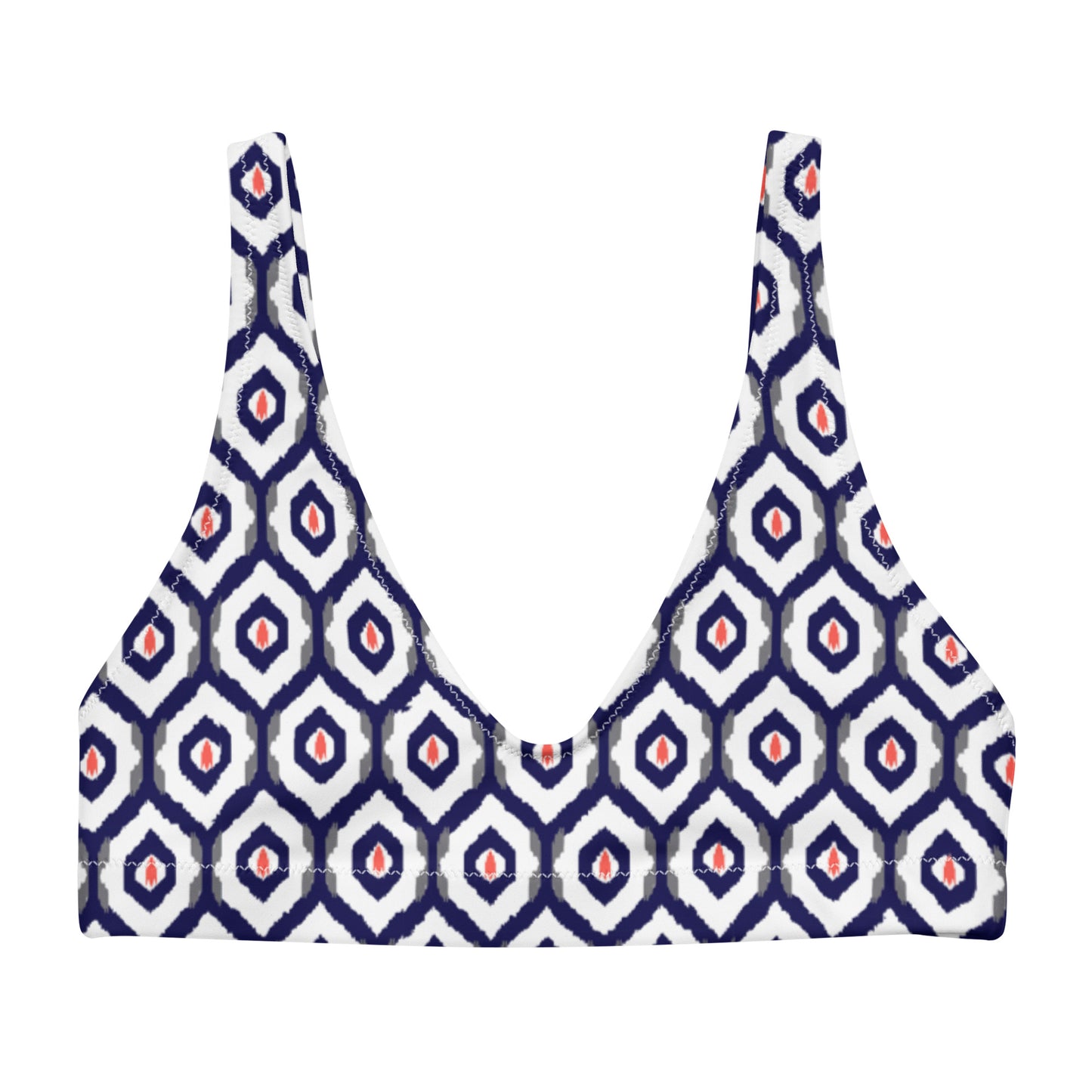 Blue & Coral Ikat Print Eco Friendly Bikini Top w/ Removable Padding