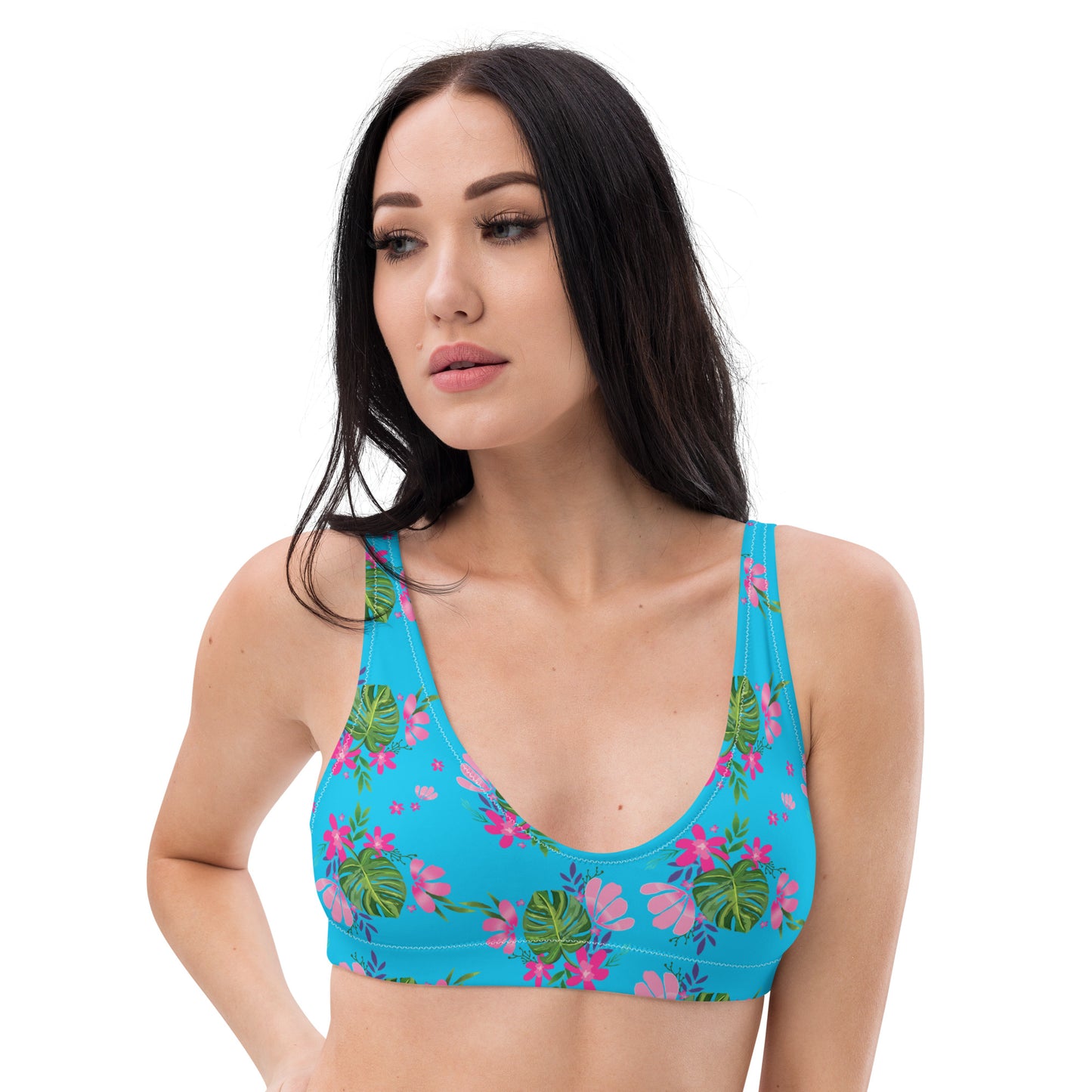 Blue Tropical Floral Print Eco Friendly Bikini Top w/ Removable Padding