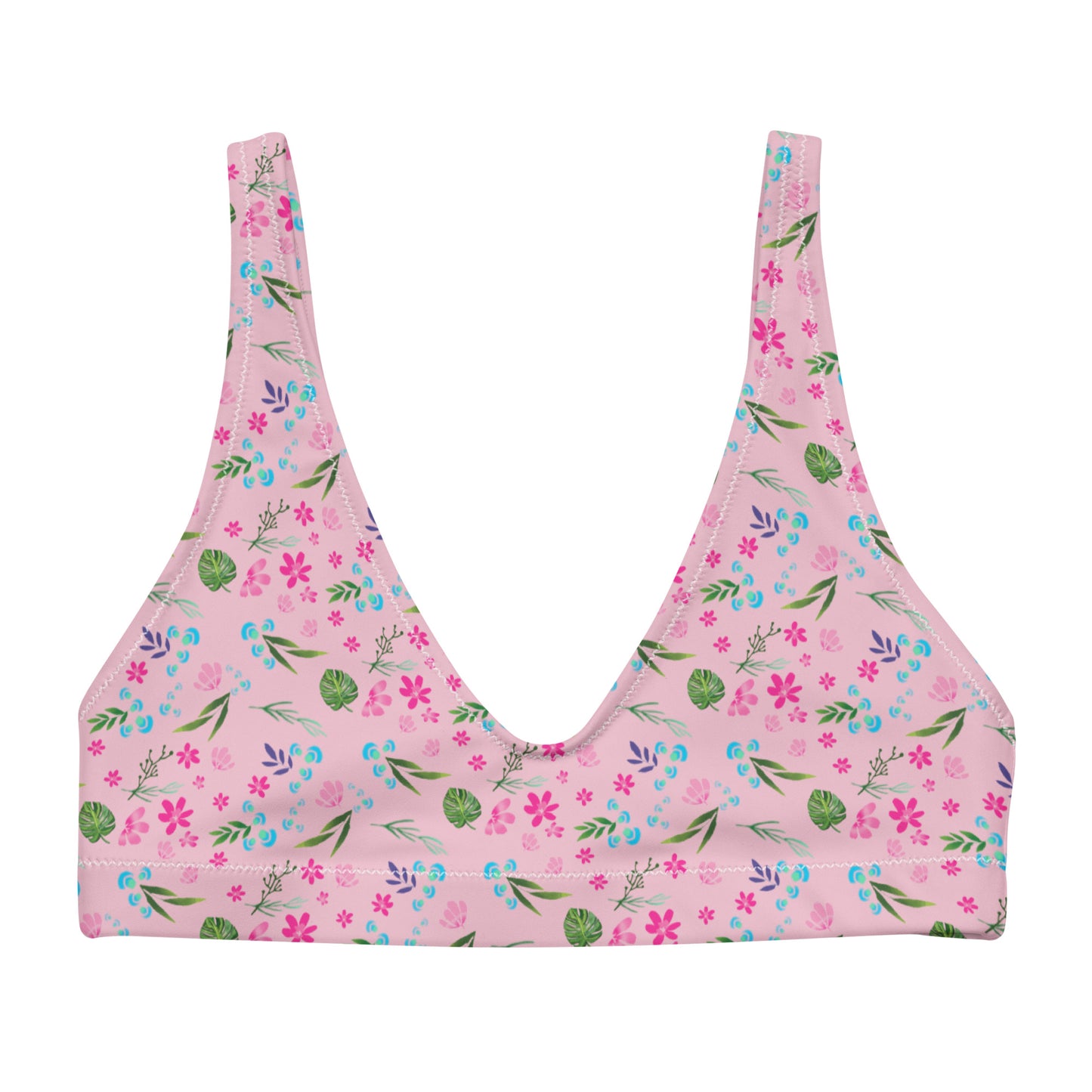 Pink Tropical Floral Print Eco Friendly Bikini Top w/ Removable Padding