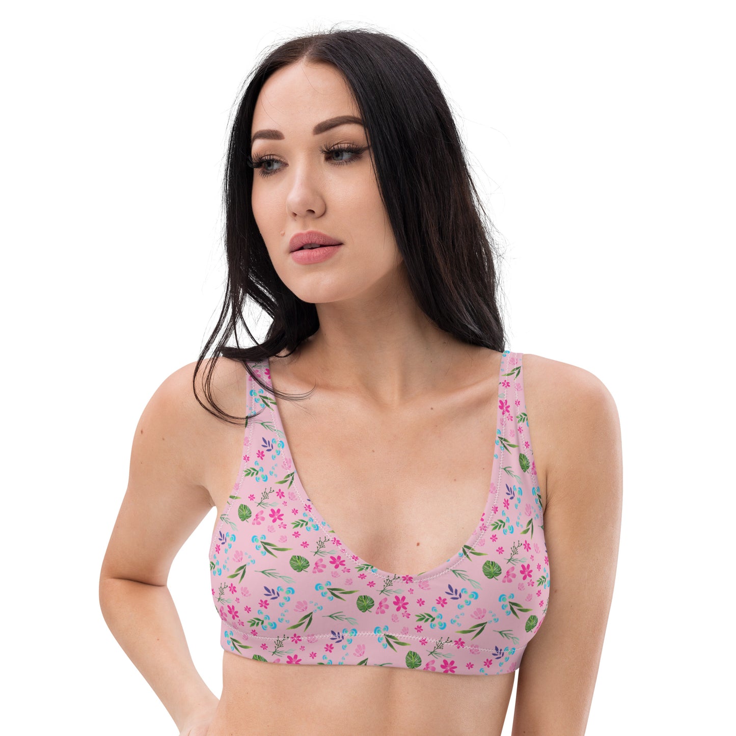 Pink Tropical Floral Print Eco Friendly Bikini Top w/ Removable Padding