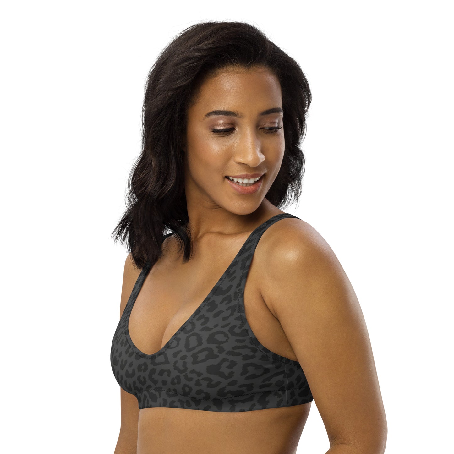Gray Cheetah Print Eco Friendly Bikini Top w/ Removable Padding