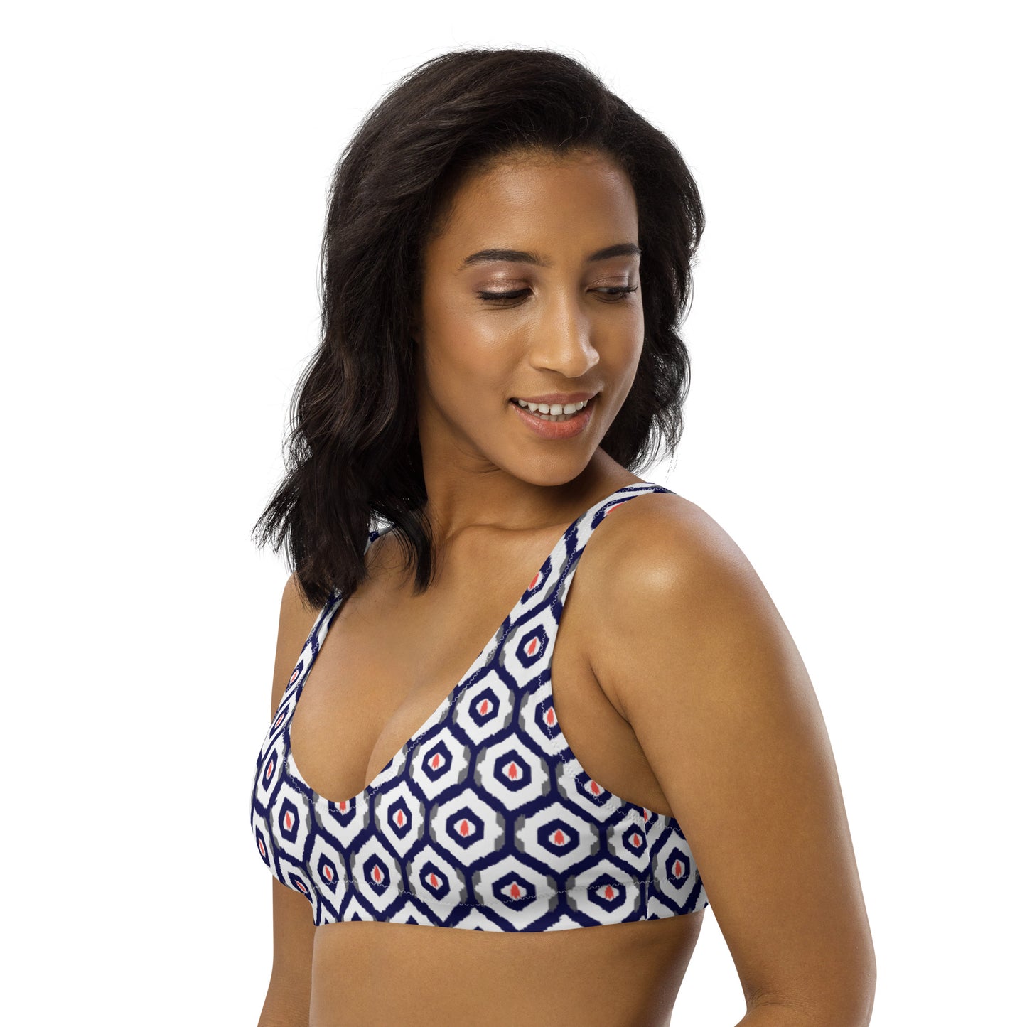 Blue & Coral Ikat Print Eco Friendly Bikini Top w/ Removable Padding