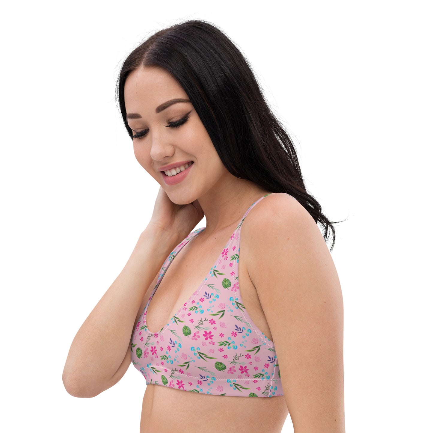 Pink Tropical Floral Print Eco Friendly Bikini Top w/ Removable Padding