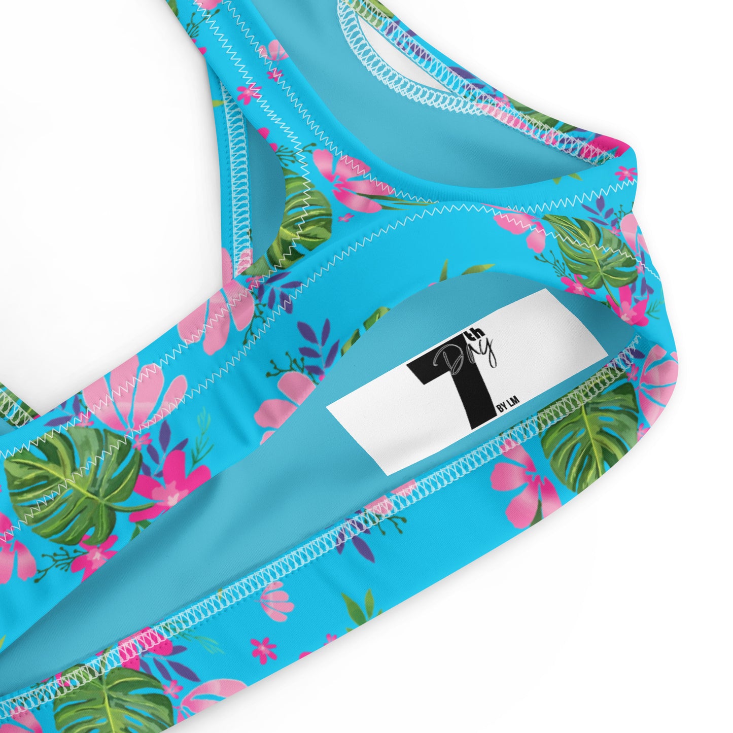 Blue Tropical Floral Print Eco Friendly Bikini Top w/ Removable Padding