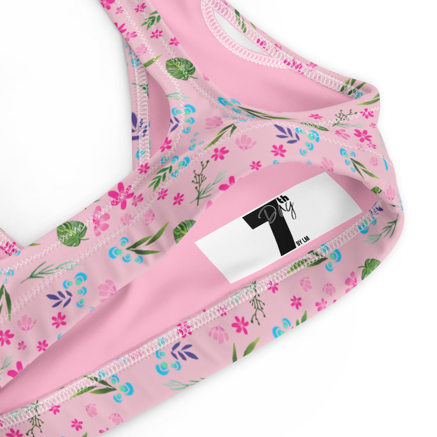 Pink Tropical Floral Print Eco Friendly Bikini Top w/ Removable Padding