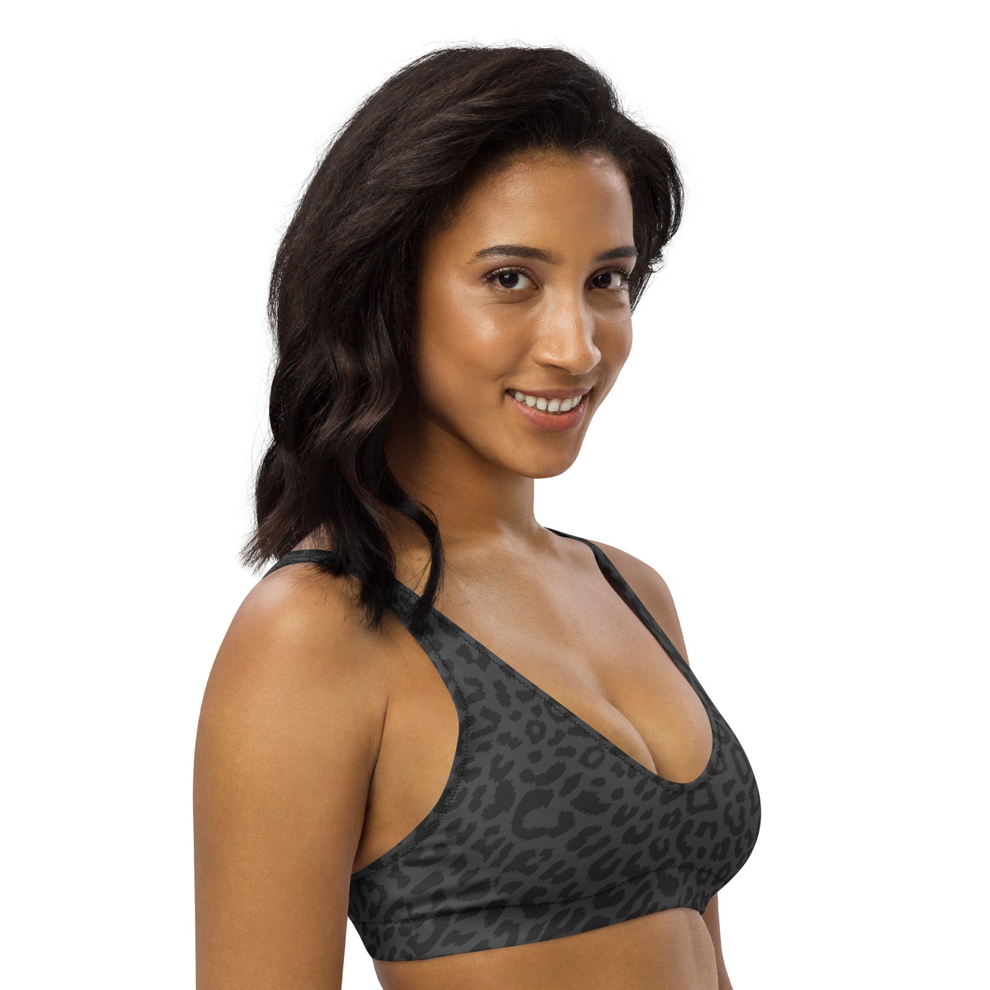 Gray Cheetah Print Eco Friendly Bikini Top w/ Removable Padding