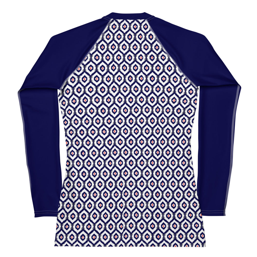 Blue & Coral Ikat Print Women's Rash Guard