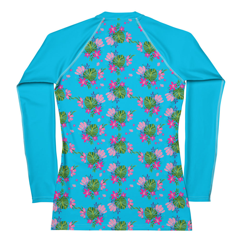 Blue Tropical Floral Print Women's Rash Guard