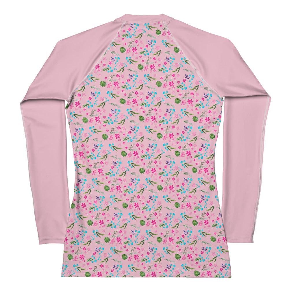 Pink Tropical Floral Print Women's Rash Guard