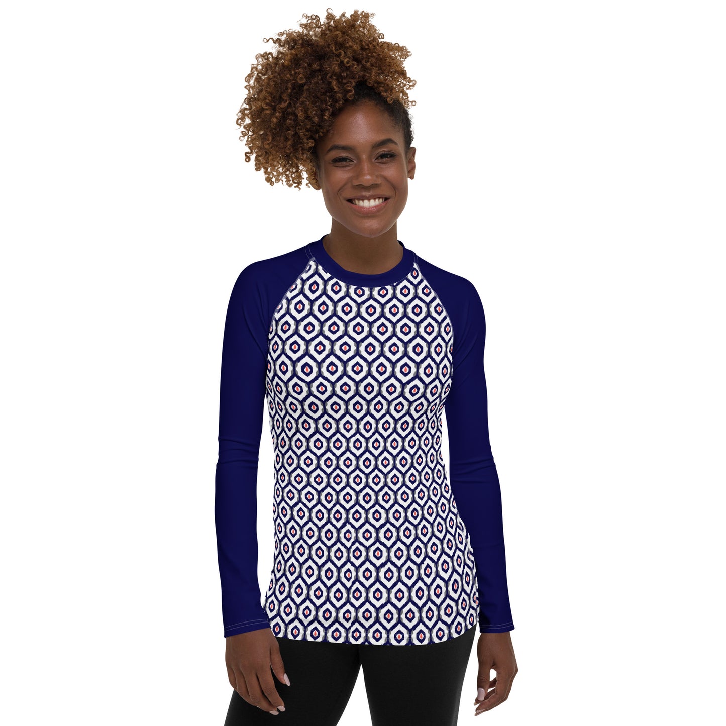 Blue & Coral Ikat Print Women's Rash Guard