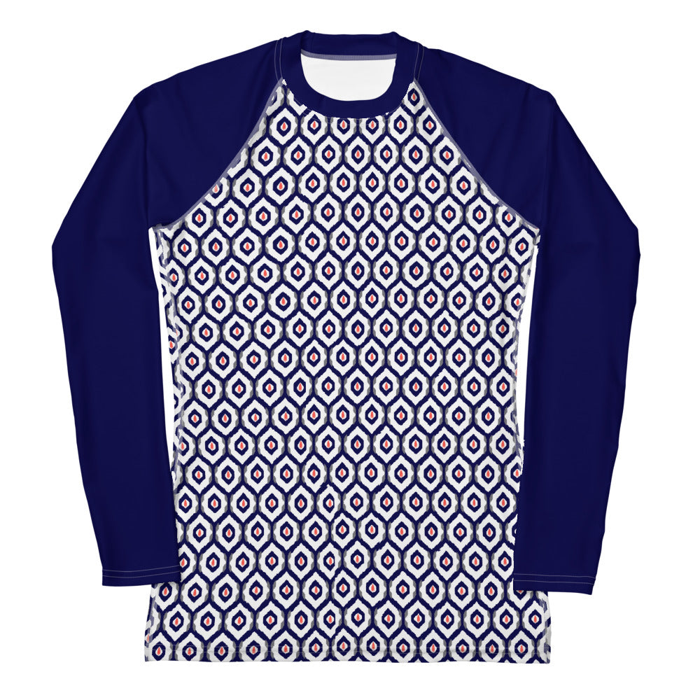 Blue & Coral Ikat Print Women's Rash Guard