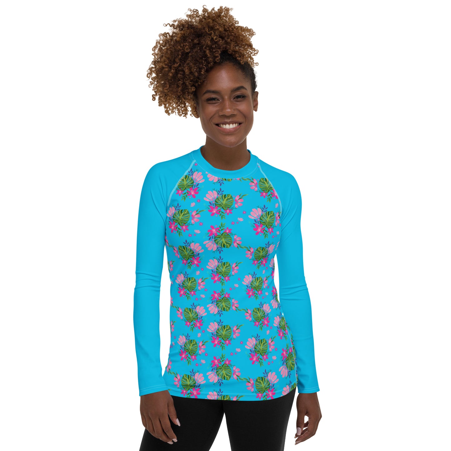 Blue Tropical Floral Print Women's Rash Guard
