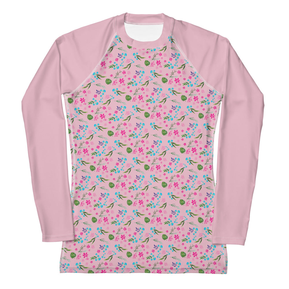 Pink Tropical Floral Print Women's Rash Guard