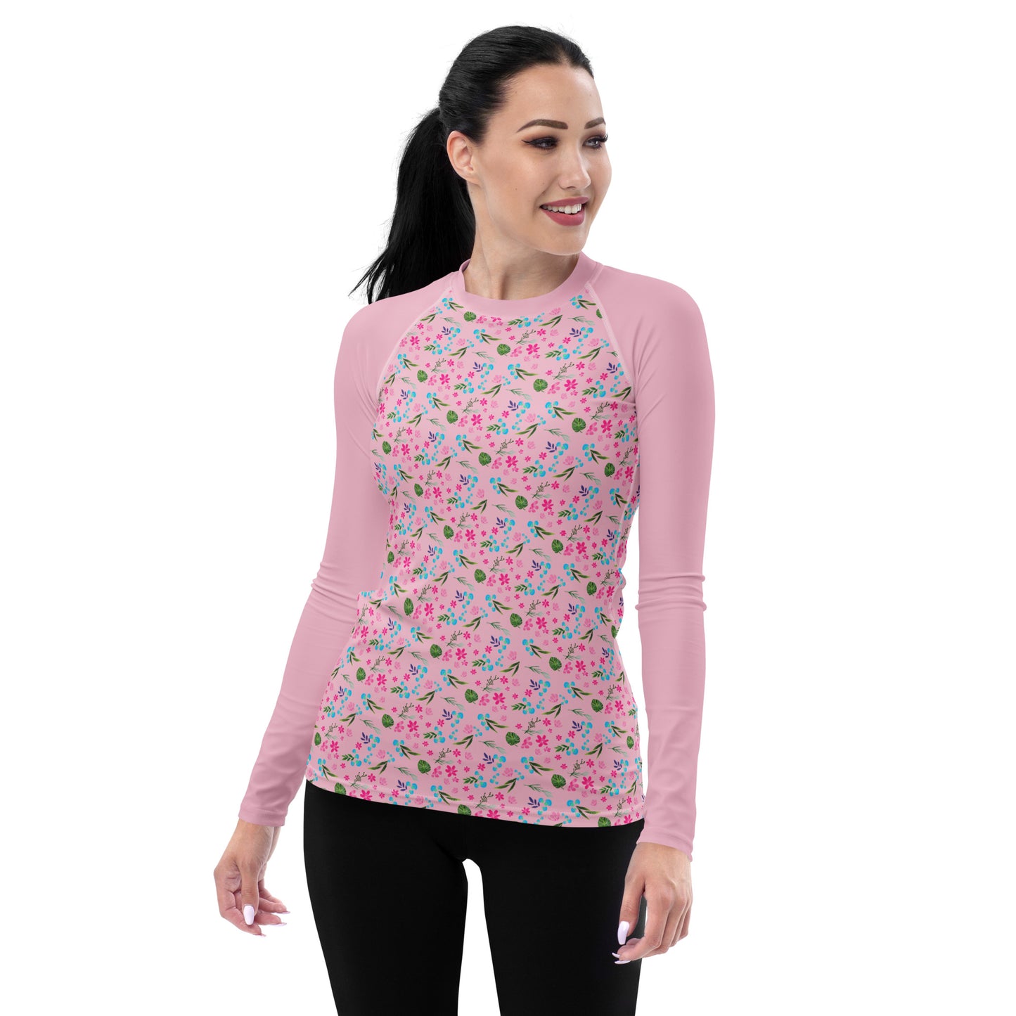 Pink Tropical Floral Print Women's Rash Guard