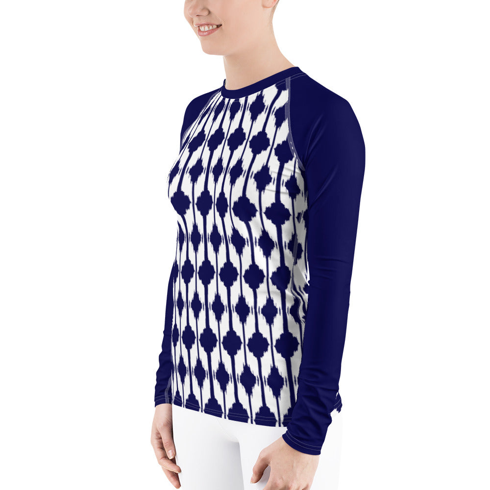 Blue Ikat Print Women's Rash Guard