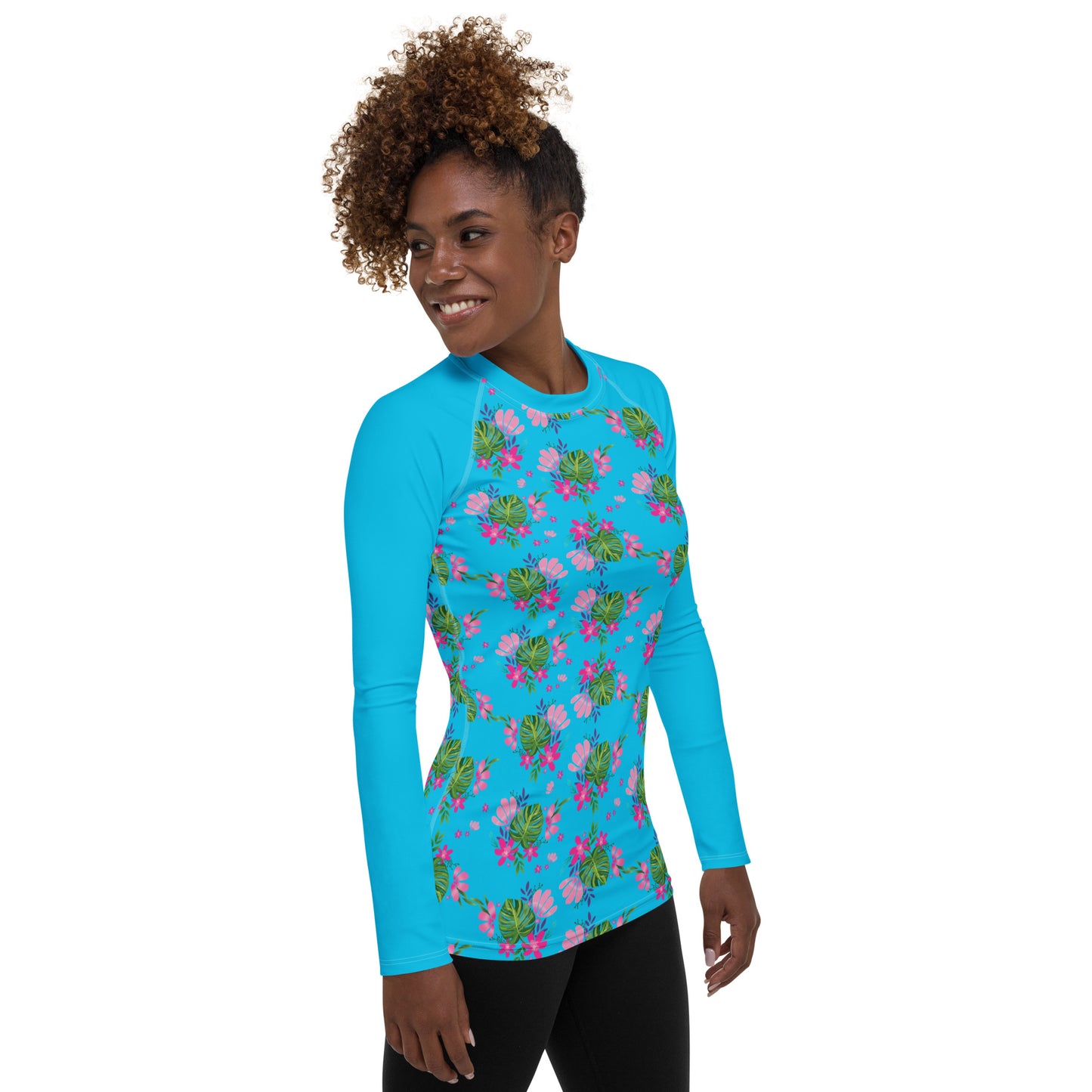 Blue Tropical Floral Print Women's Rash Guard