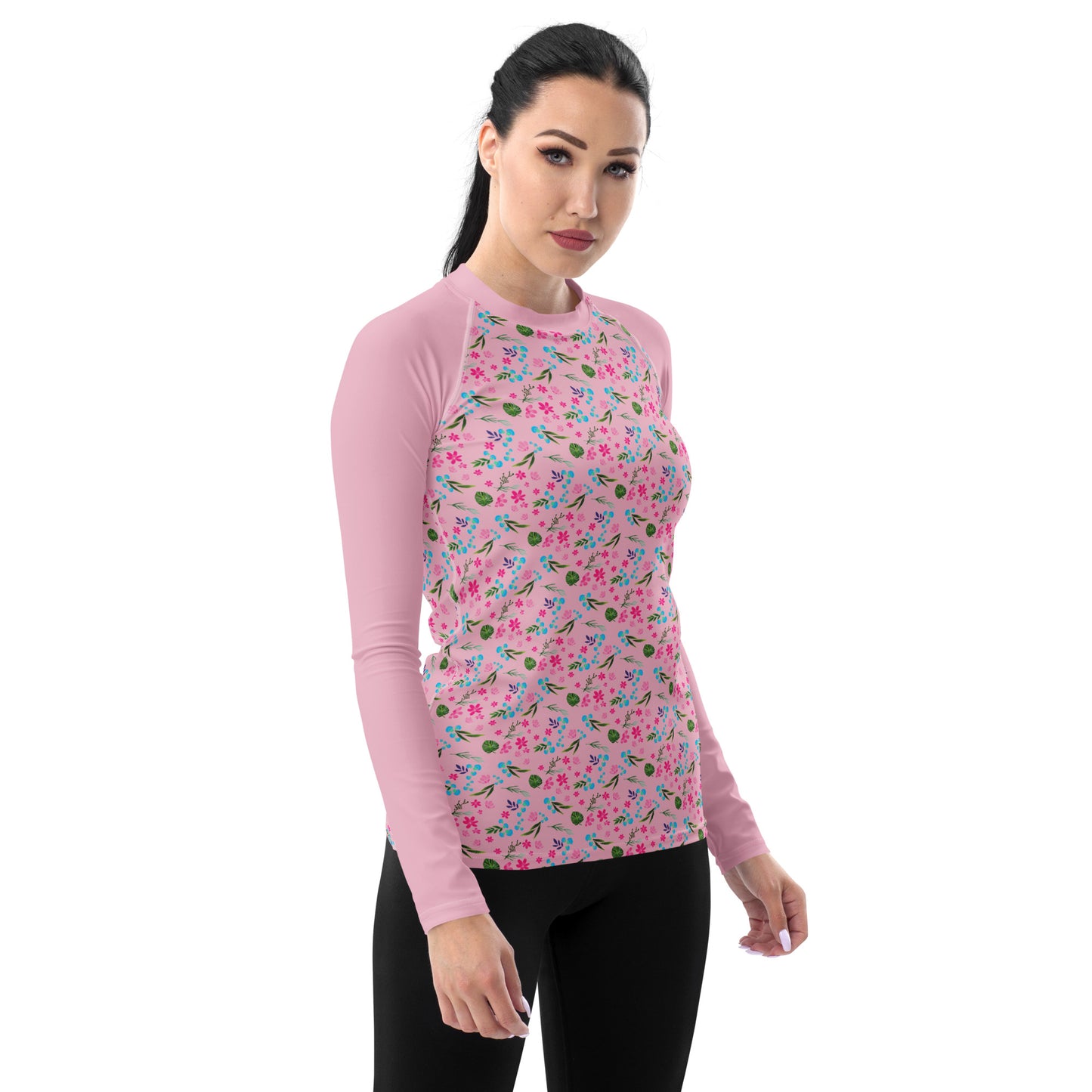 Pink Tropical Floral Print Women's Rash Guard